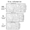 Size information chart showing dimensions for XXL, XL, and L sizes of a topographic map product.