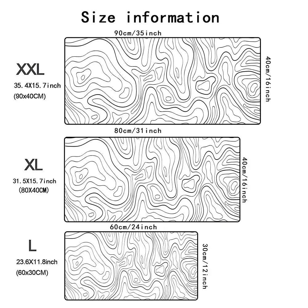 Size information chart showing dimensions for XXL, XL, and L sizes of a topographic map product.