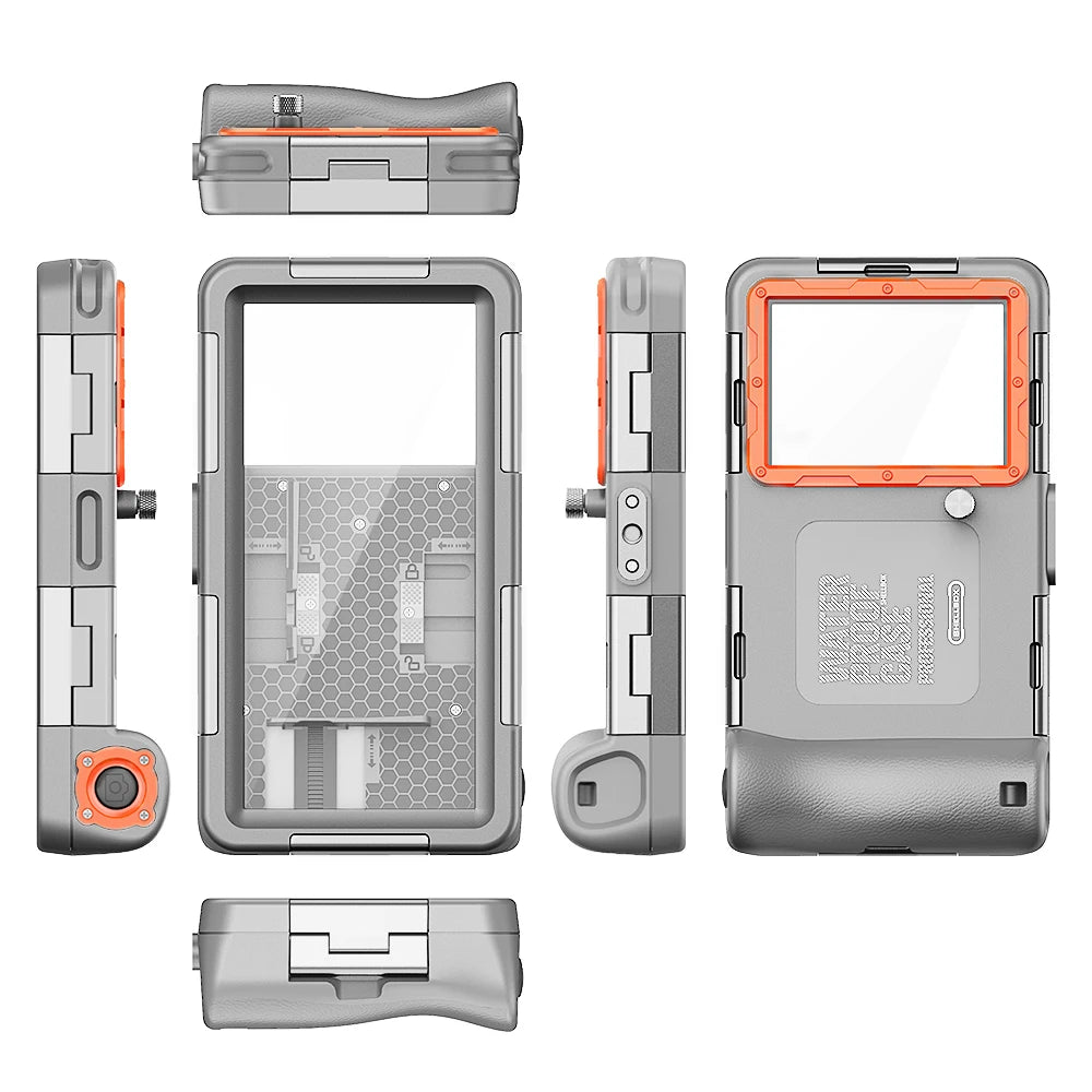 A set of universal waterproof phone cases for diving and underwater photography shown in various forms.
