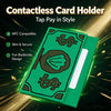 A green card holder featuring a banknote design, shown with NFC compatibility features.