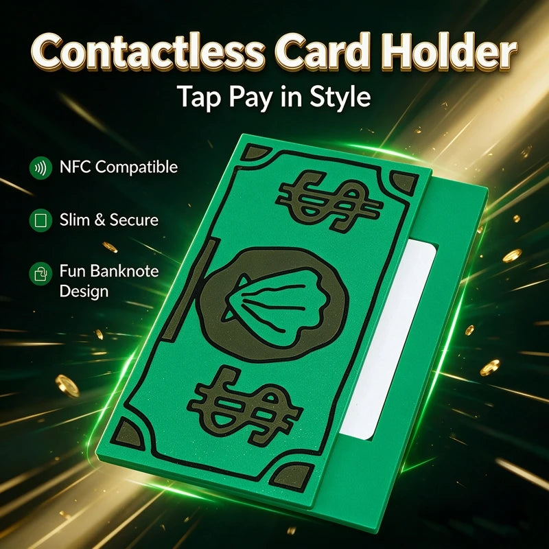 A green card holder featuring a banknote design, shown with NFC compatibility features.