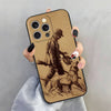 A brown silicone phone case for an iPhone featuring a silhouette of a hunter and a dog in a detailed sketch.
