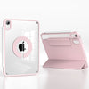 A pink magnetic rotating protective case for an Apple iPad is shown in a studio setting.