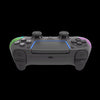 A gray PlayStation 5 compatible Bluetooth game controller with blue and purple RGB lighting.