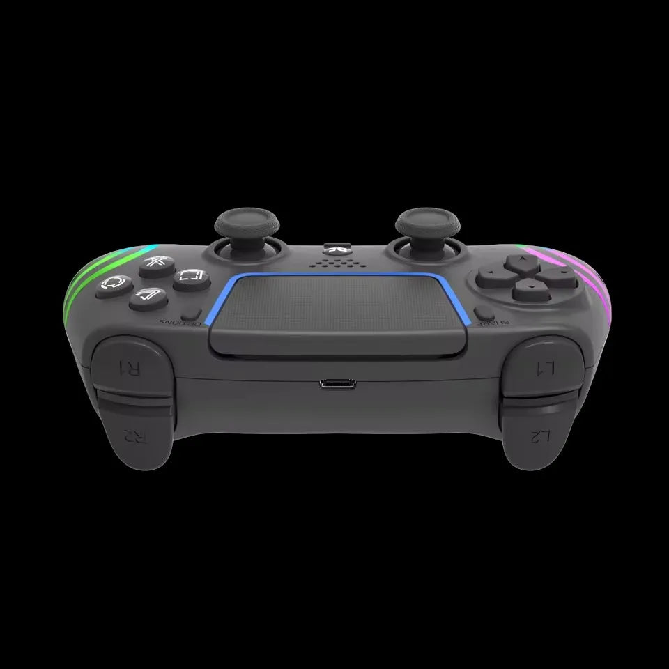 A gray PlayStation 5 compatible Bluetooth game controller with blue and purple RGB lighting.