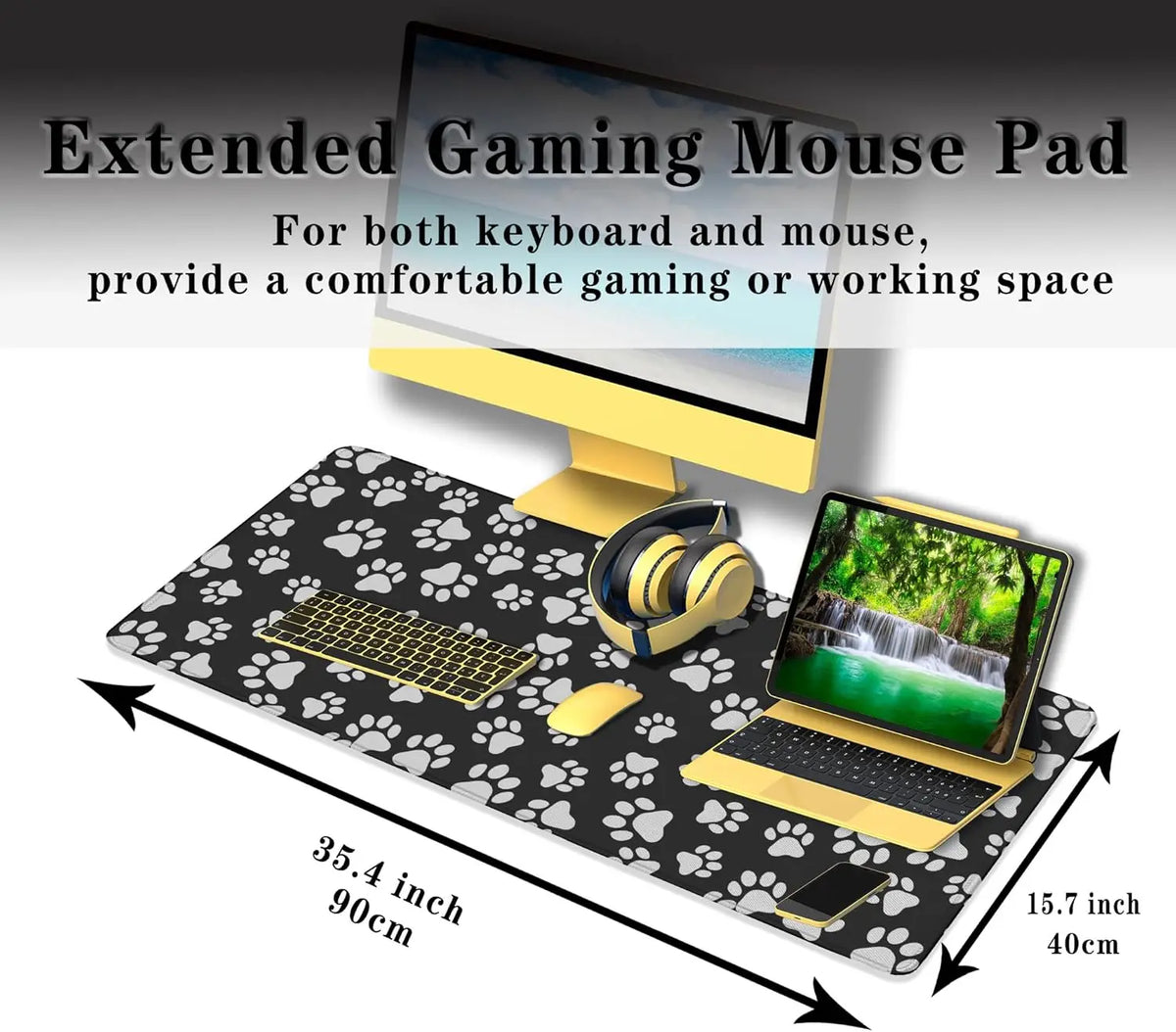 An extended gaming mouse pad with a pet paw print design, suitable for keyboard and mouse use.