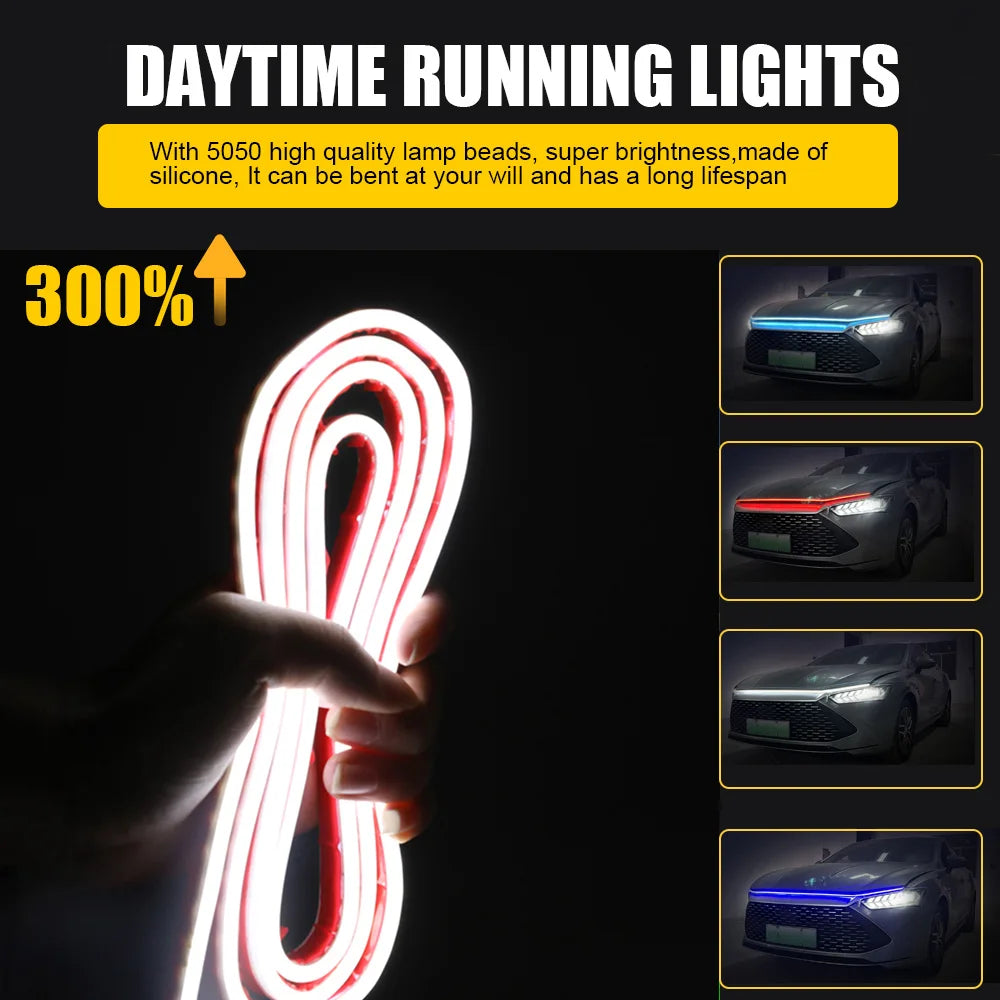 Eine Hand hält eine flexible LED-Lichtleiste, die die Frontgrille eines Autos beleuchtet.