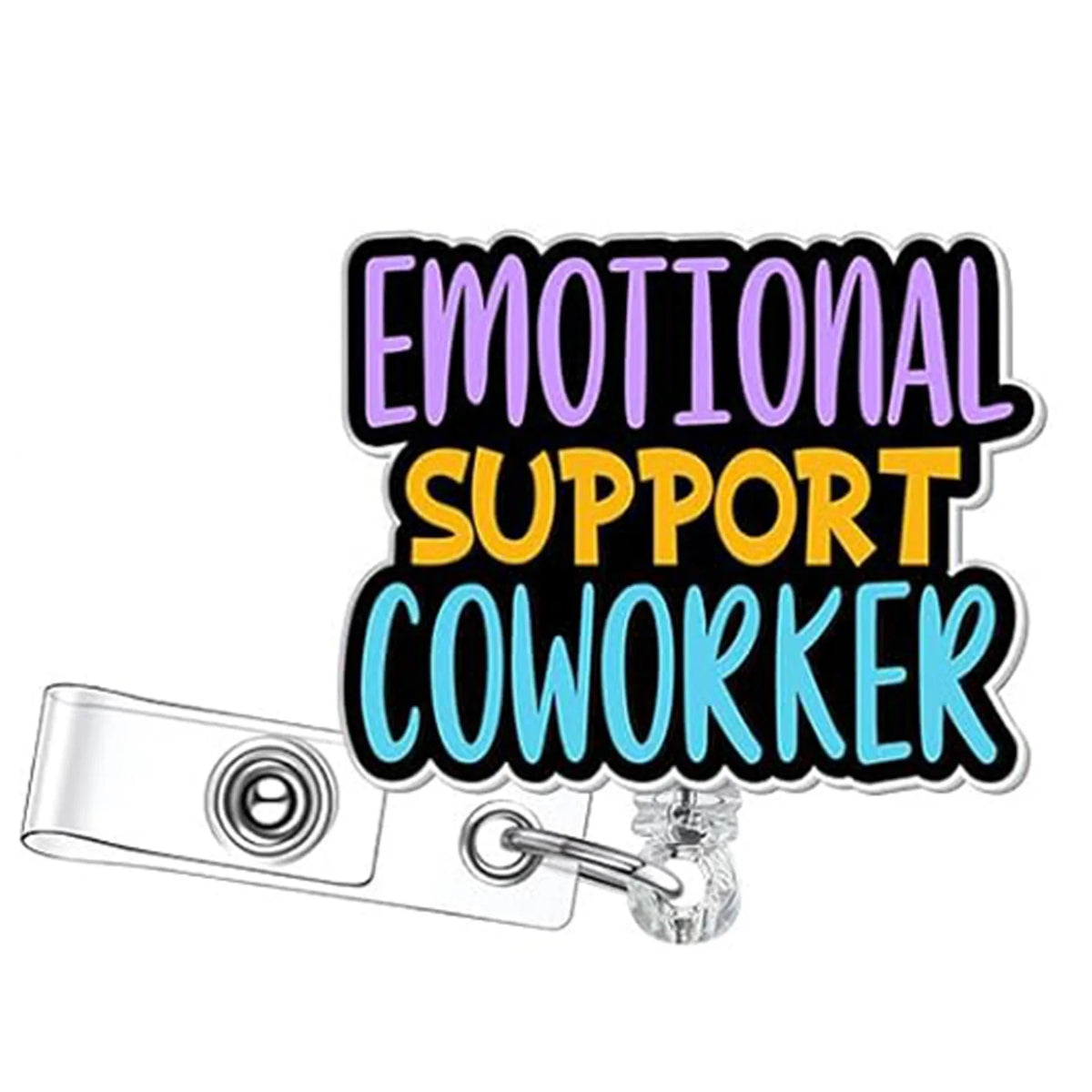 Lila und gelbe glitzernde Plakette mit der Aufschrift 'Emotional Support Coworker' auf einem klaren Acryl-Halter