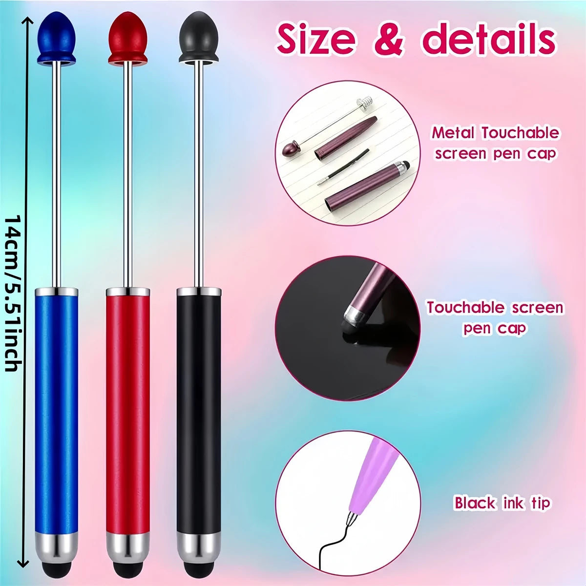 A set of three metal touchable screen pen caps and ink tips shown alongside the full length of blue, red, and black rubber ba