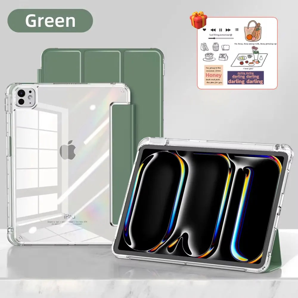 Transparente Schutzhülle für ein iPad, zusammen mit einer grünen Zelt-Halterung und einem schwarzen Silikonzubehör.