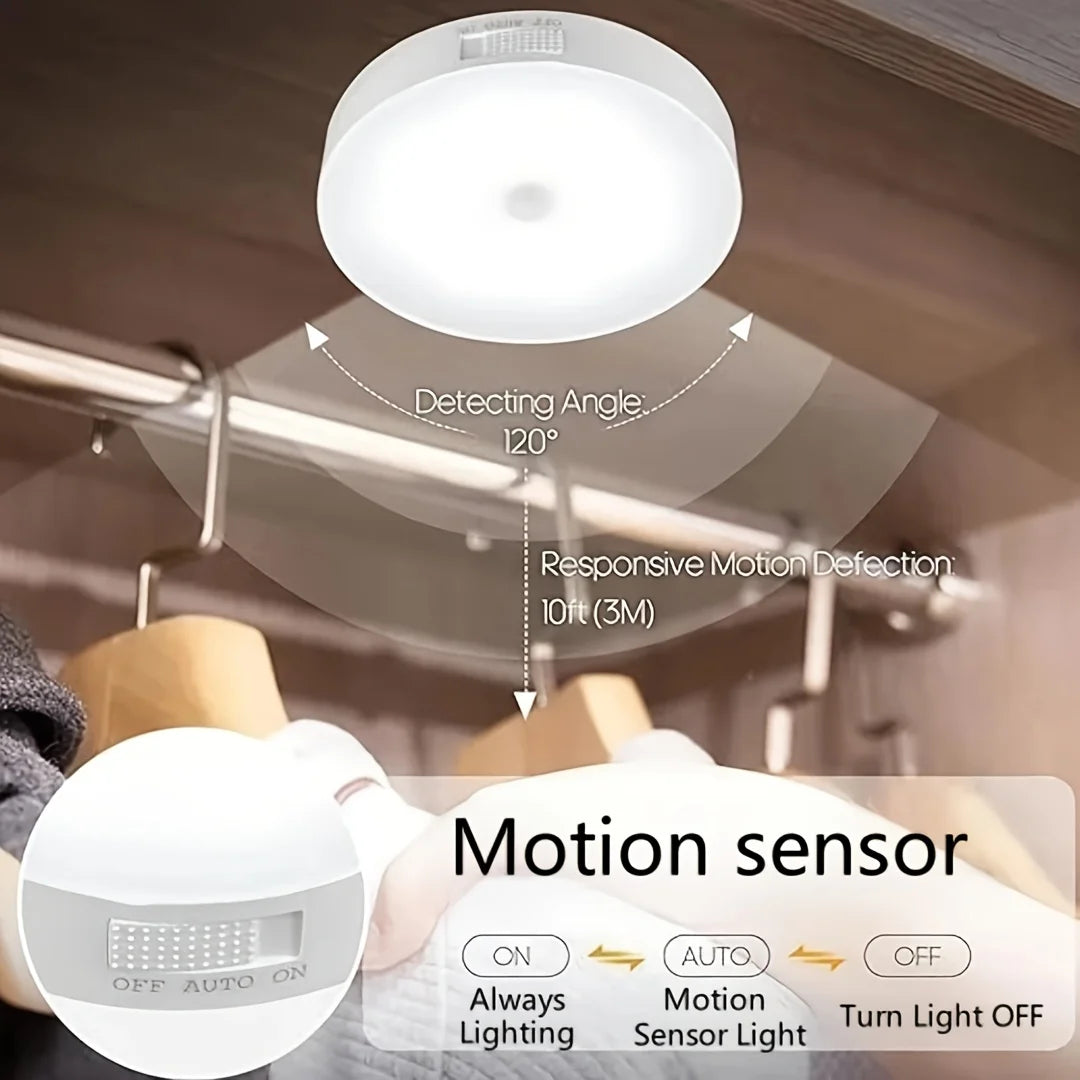A white motion sensor light fixture is shown above a mirror, demonstrating its 120-degree detecting angle and responsive moti