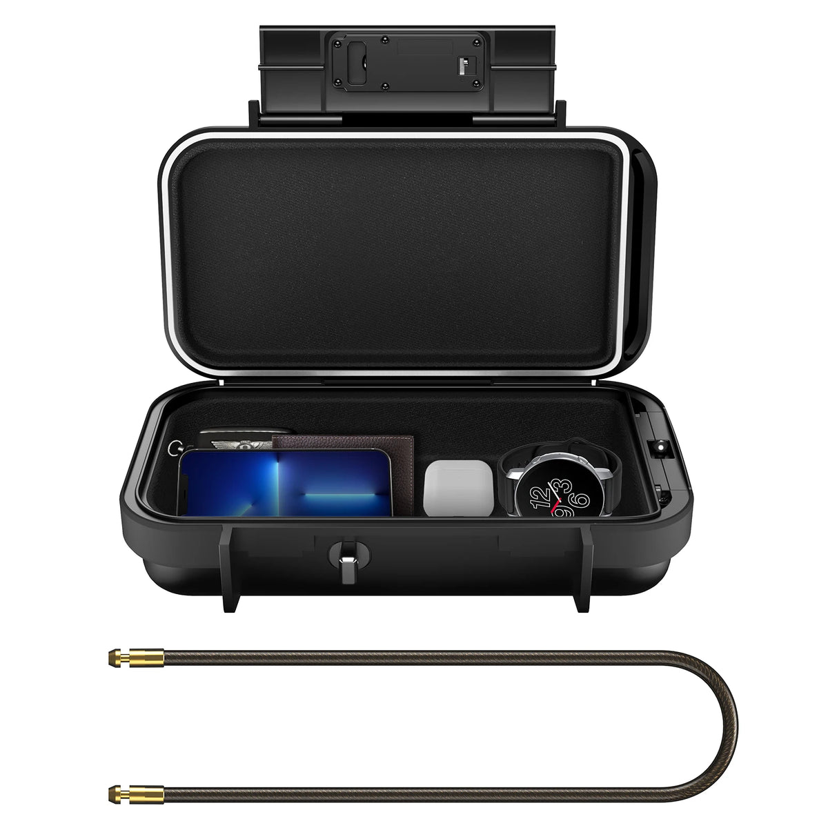 A black portable combination lock box with an open lid, showing a blue electronic device and a metal key.