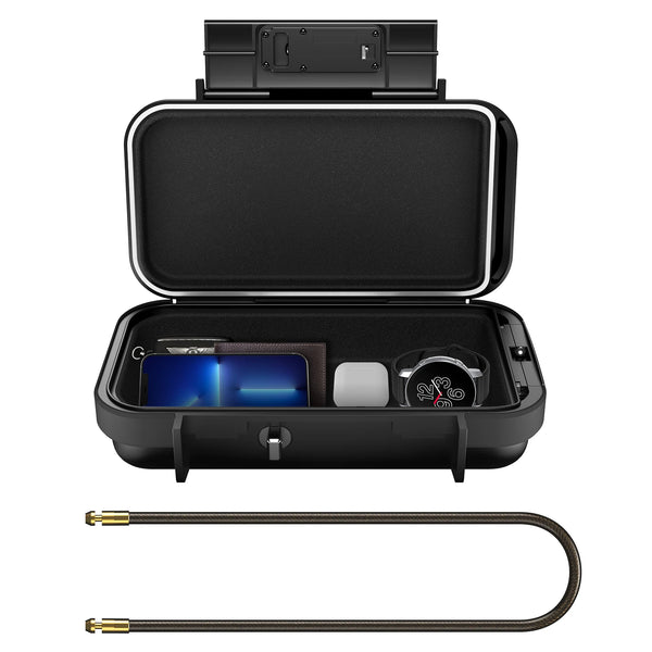 A black portable combination lock box with an open lid, showing a blue electronic device and a metal key.