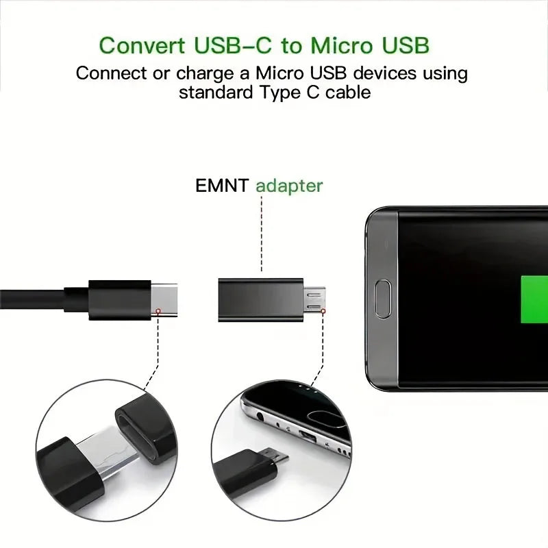 An adapter showing how to connect a Micro USB device to a USB-C cable for charging and data sync.
