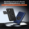 A black multifunctional shock absorbing phone case is shown next to a blue smartphone, highlighting its features.