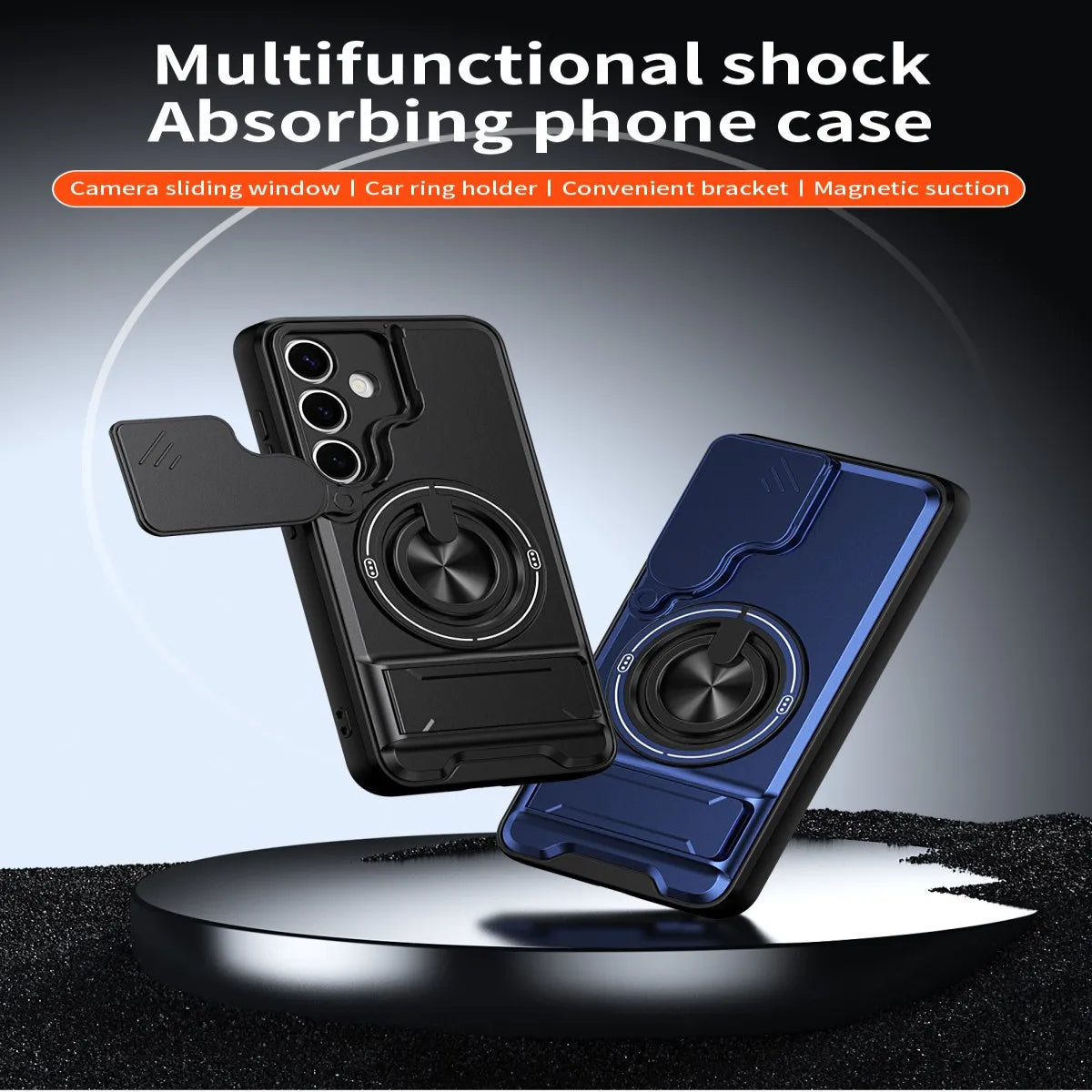 A black multifunctional shock absorbing phone case is shown next to a blue smartphone, highlighting its features.