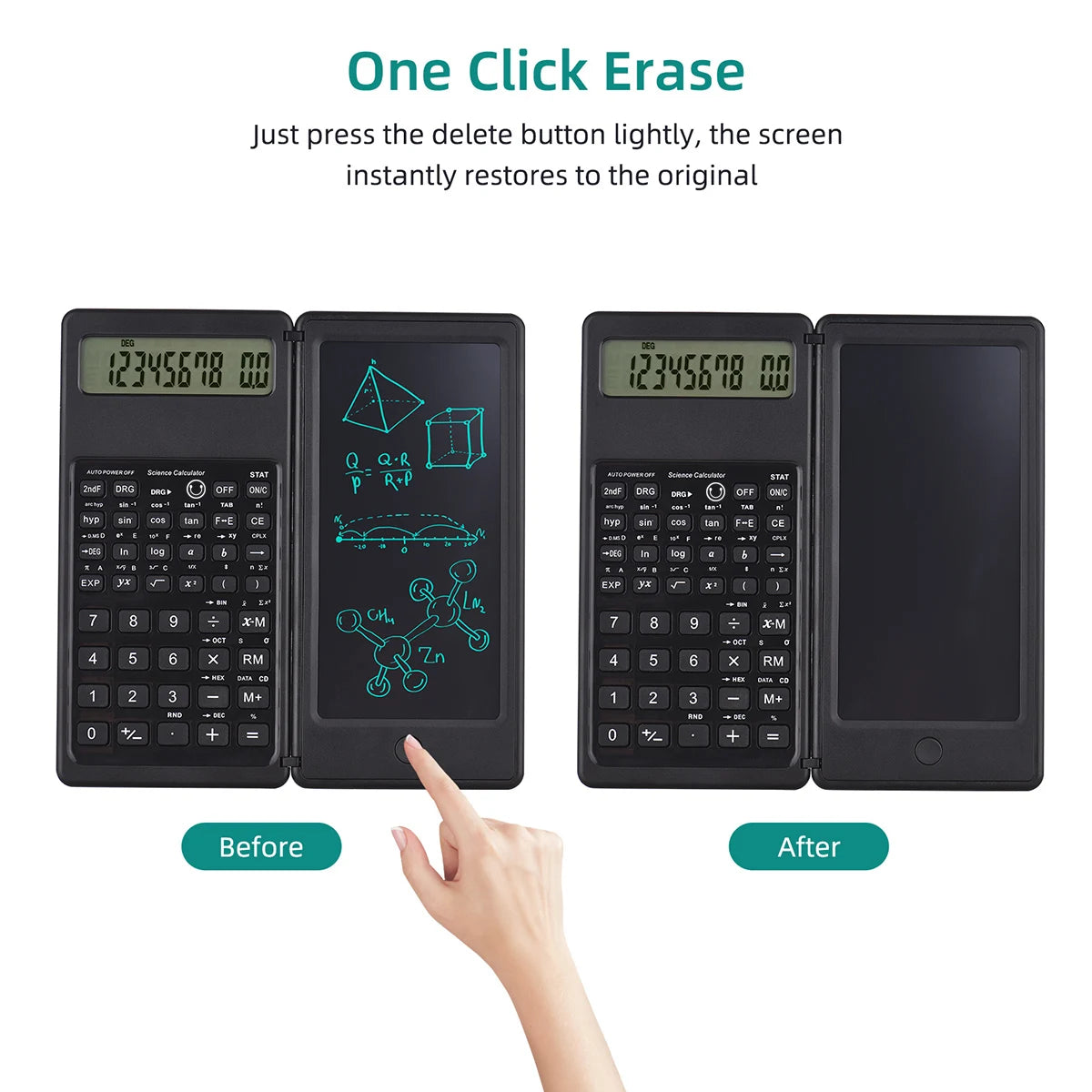 Une main appuie sur un bouton supprimer d'un écran de calcul numérique pour restaurer instantanément l'affichage original.