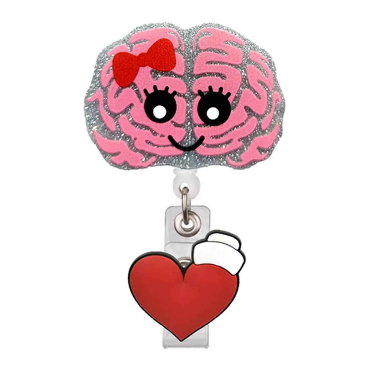 Rosa und graues Gehirn-förmiges Acryl-Ringe-Anhänger mit roter Schleife und Herzcharm.
