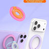 A white phone case with a pink magnetic ring grip and foldable kickstand shown next to the product packaging.