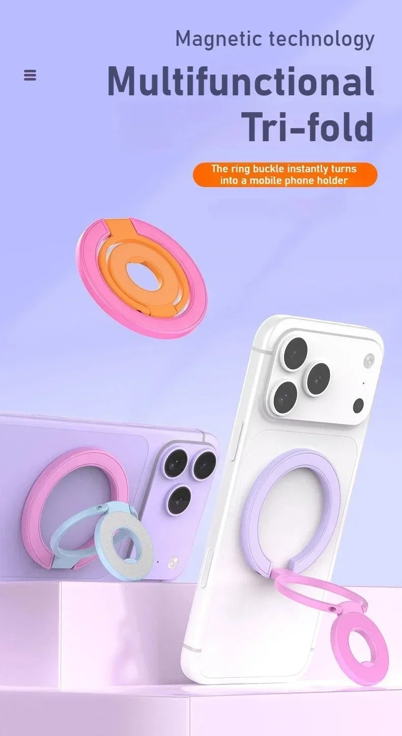 A white phone case with a pink magnetic ring grip and foldable kickstand shown next to the product packaging.