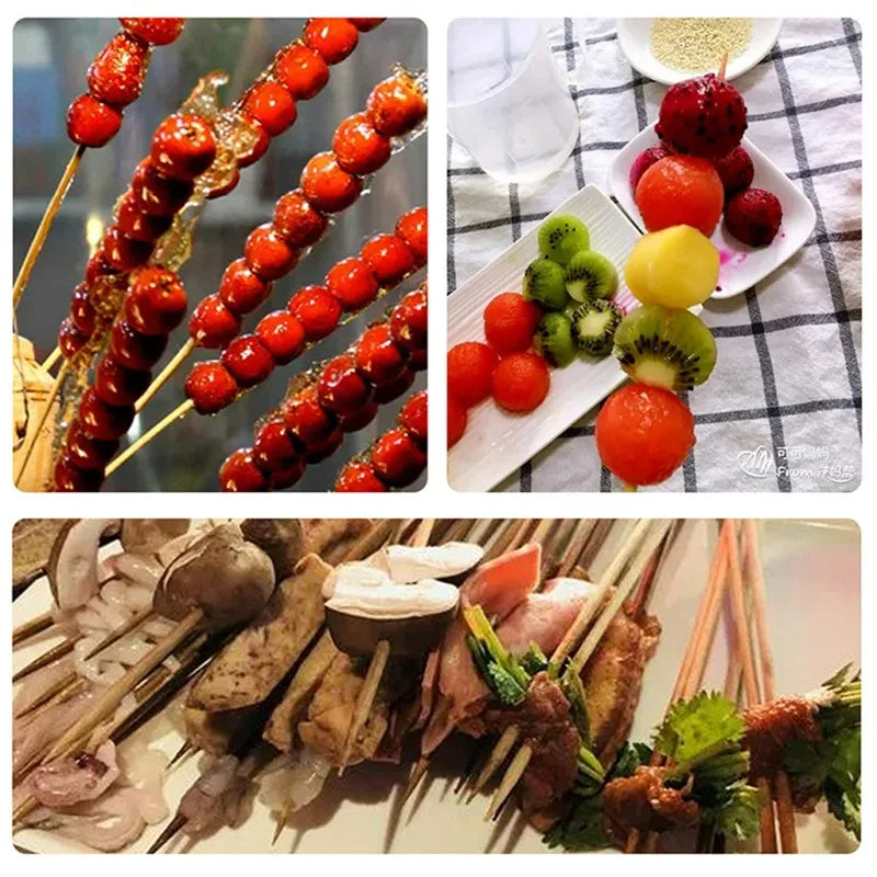 A variety of natural bamboo skewers featuring various food items like fruits and meats.