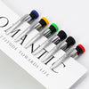 A set of six metal carpenter pencils with built-in sharpener caps in various colors like blue, yellow, and green.