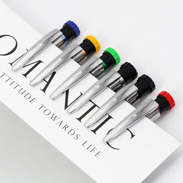 A set of six metal carpenter pencils with built-in sharpener caps in various colors like blue, yellow, and green.