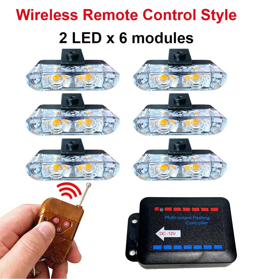 Six modules of 2 LED strobe lights and a remote control device for wireless remote control.