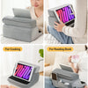 A multi-angle tablet and phone stand in gray and purple is shown for fun, work, cooking, and reading a book.
