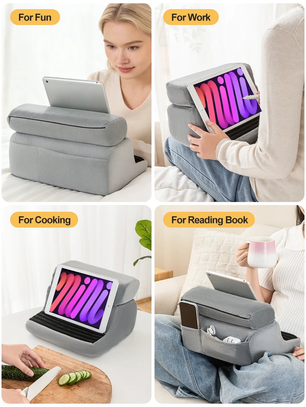 A multi-angle tablet and phone stand in gray and purple is shown for fun, work, cooking, and reading a book.