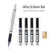A set of six 0.3mm HB lead mechanical pencils with a box and eraser.