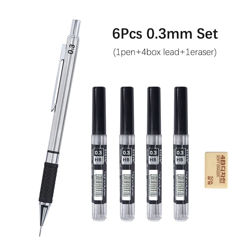A set of six 0.3mm HB lead mechanical pencils with a box and eraser.