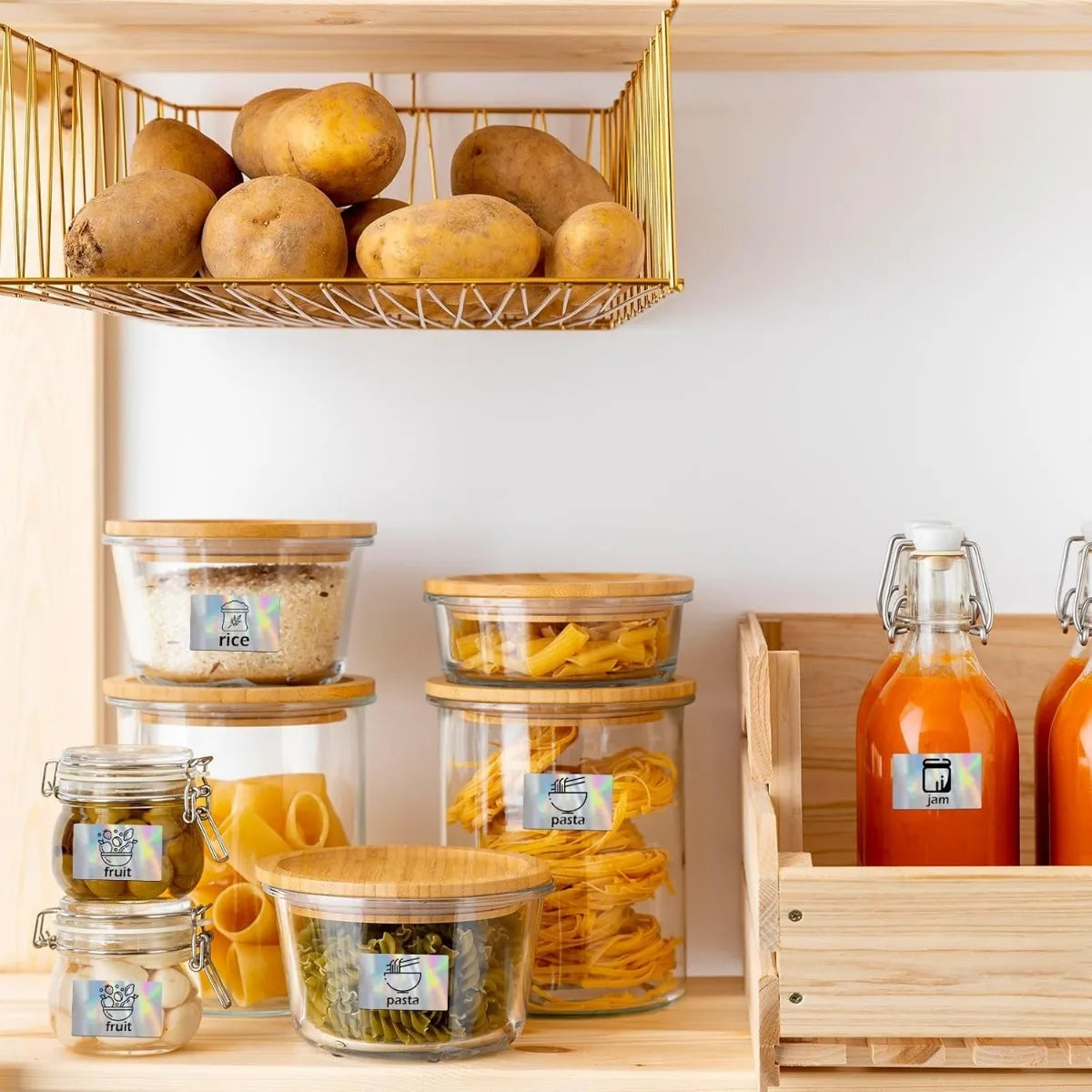 Holzregal mit Glasgefäßen gefüllt mit Reis, Pasta und Früchten sowie einem goldenen Drahtkorb mit Kartoffeln.