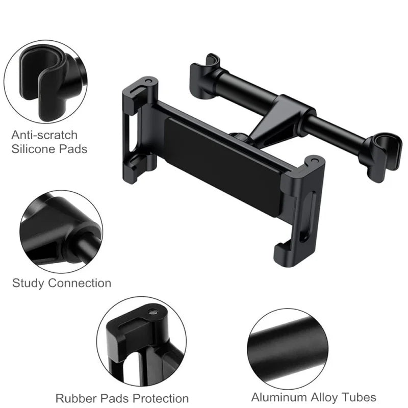 Various components of a flexible car headrest mount including anti-scratch silicone pads, study connection, and rubber pad pr