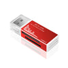 A red and white 2-in-1 USB 3.0 card reader with a flash drive function.