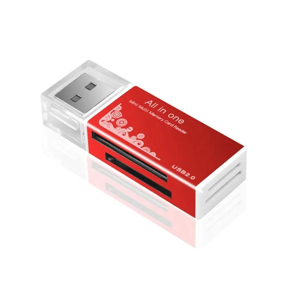 A red and white 2-in-1 USB 3.0 card reader with a flash drive function.