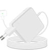 A white universal laptop charger with a cord and a green indicator light is shown on a coiled cable.