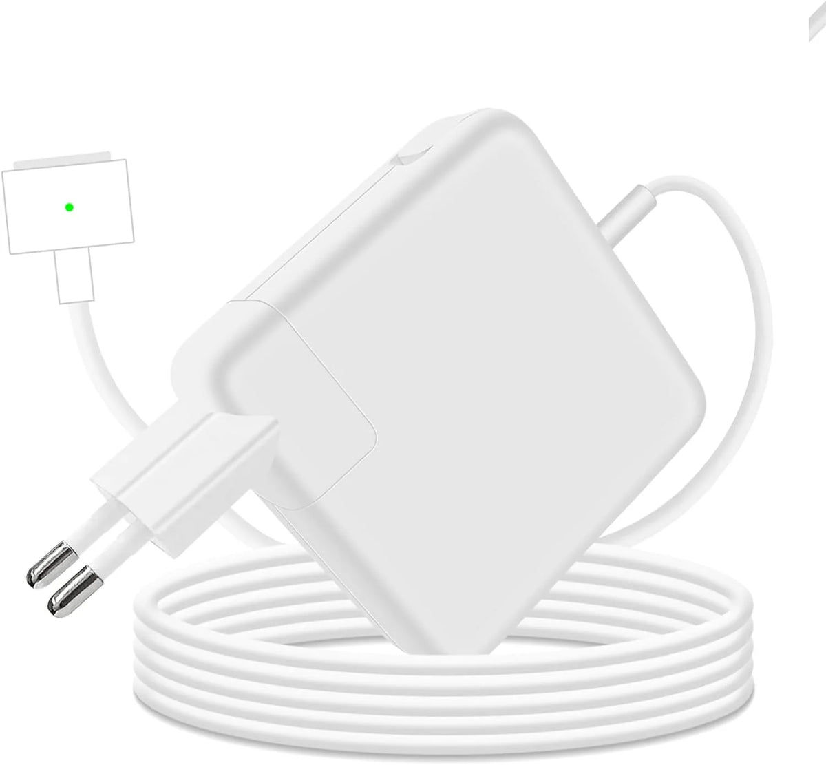 A white universal laptop charger with a cord and a green indicator light is shown on a coiled cable.
