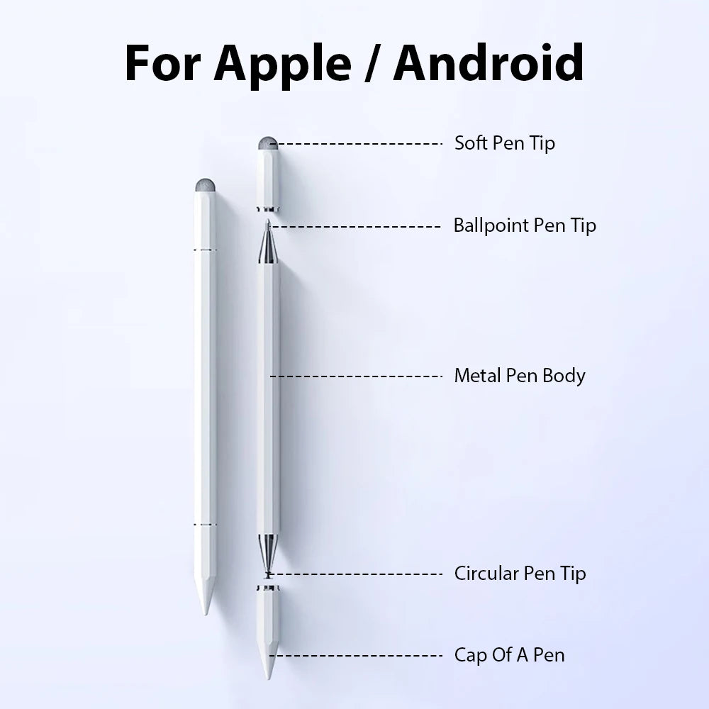 A white magnetic stylus pen shown with various tips and a metal body for Apple and Android devices.