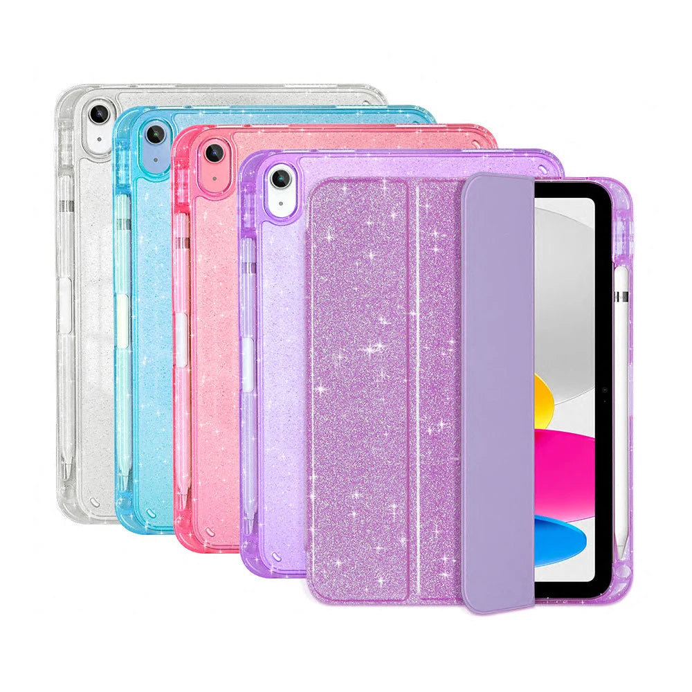 A set of five gradient colored glittery protective stand covers for an iPad.