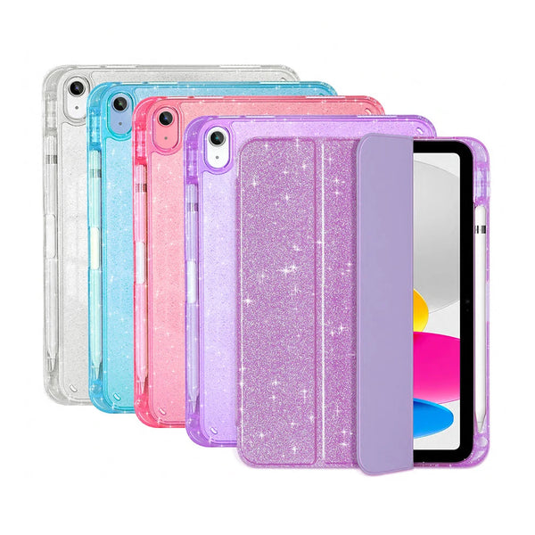 A set of five gradient colored glittery protective stand covers for an iPad.