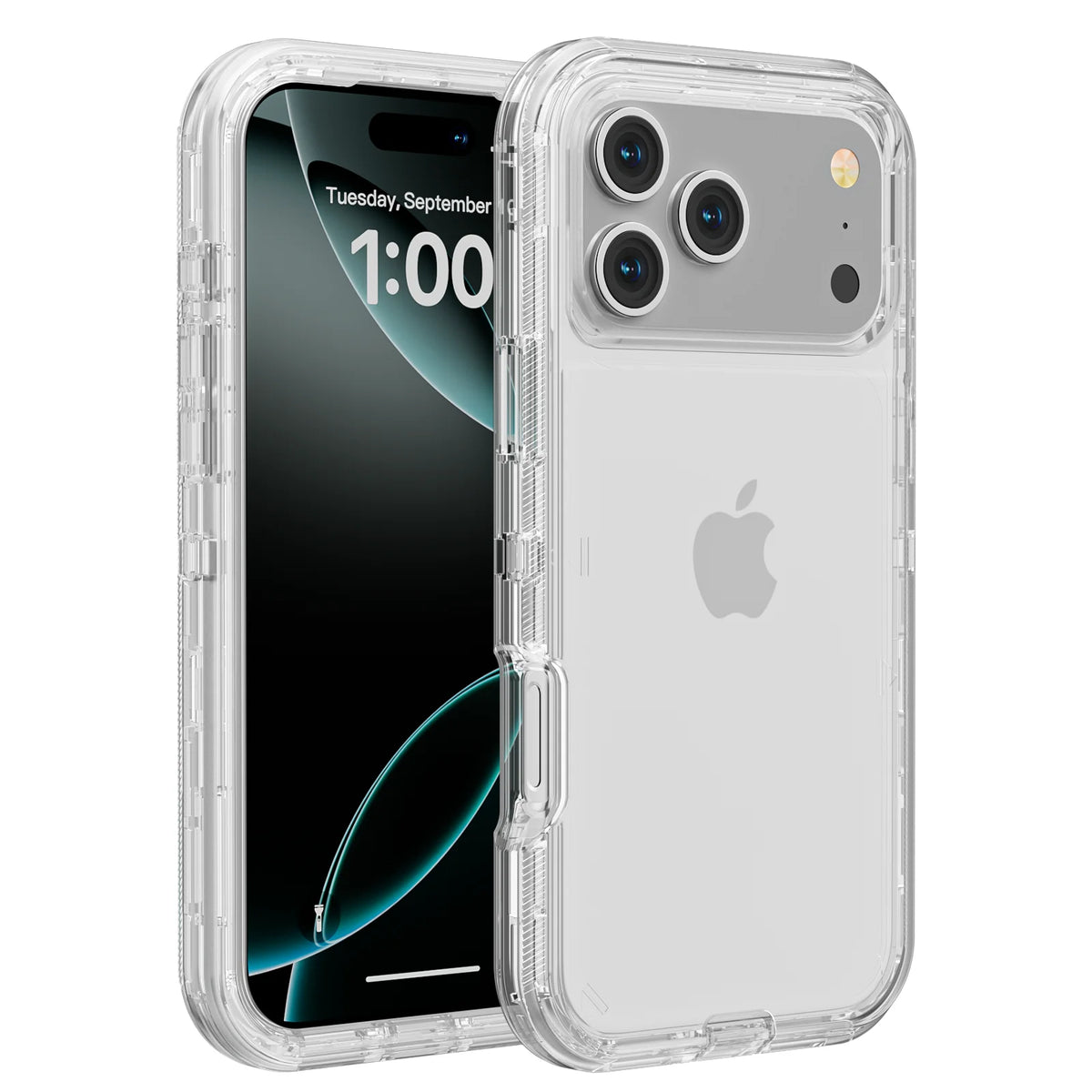A clear shockproof case for an iPhone, showing the back and front of the device.