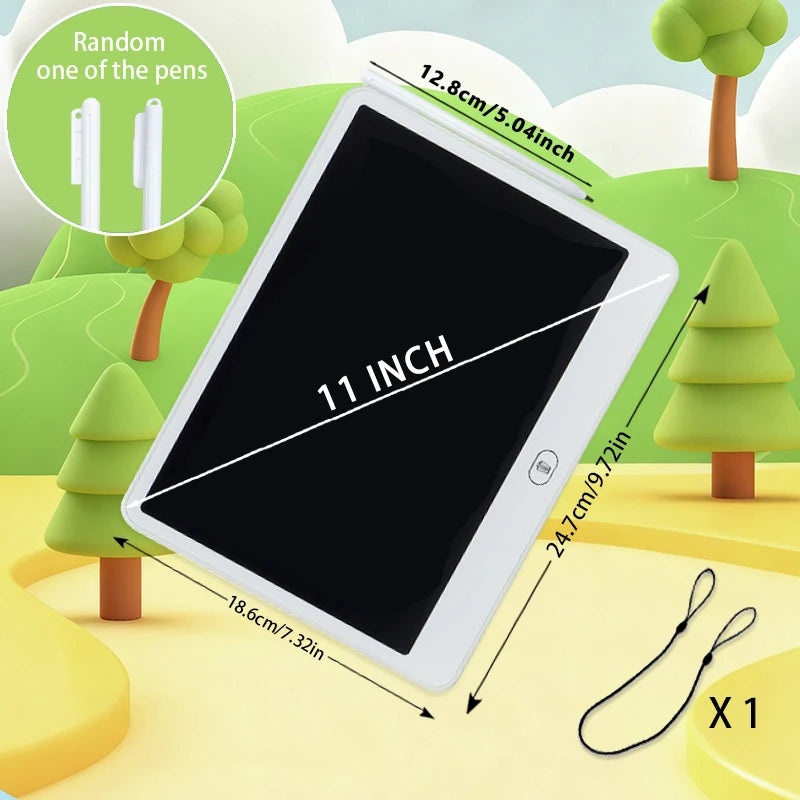 A white 11 inch interactive LCD writing tablet is shown with various measurements and a green tree background.