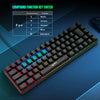 A close-up view of a black mechanical keyboard with colorful RGB backlighting and a function key switch diagram.