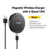 A black magnetic wireless charger with a stand and USB-C cable for fast charging devices.