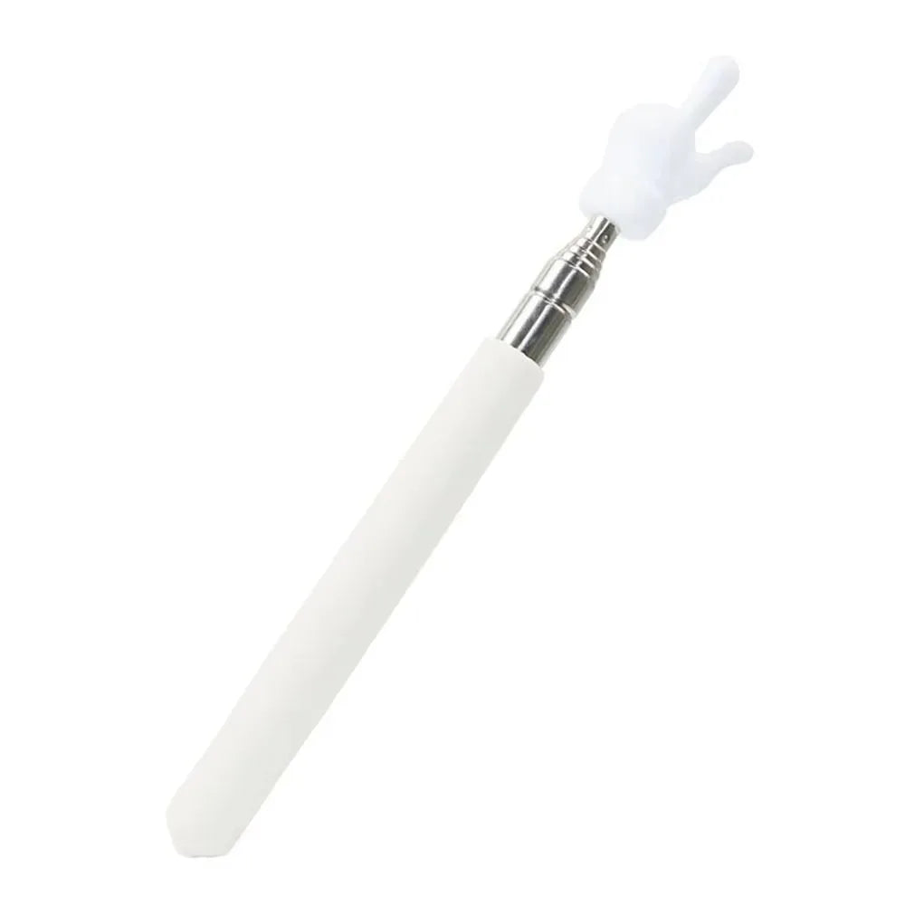 A white telescopic stainless steel teaching pointer with a white tip.