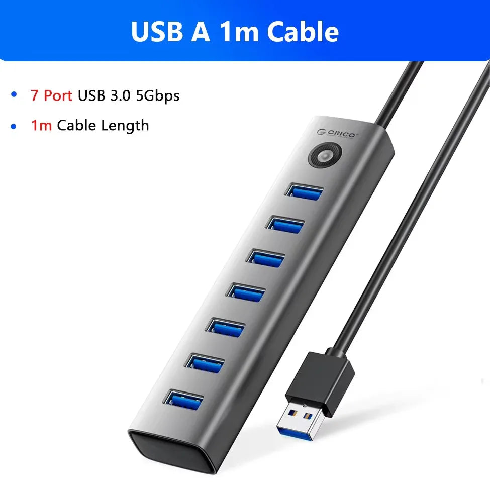 A black USB A 1m cable featuring seven ports for USB 3.0 connectivity.