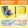 A set of 360 degree liquid ink control acrylic brush markers in a yellow case with various colors and a grid sheet.