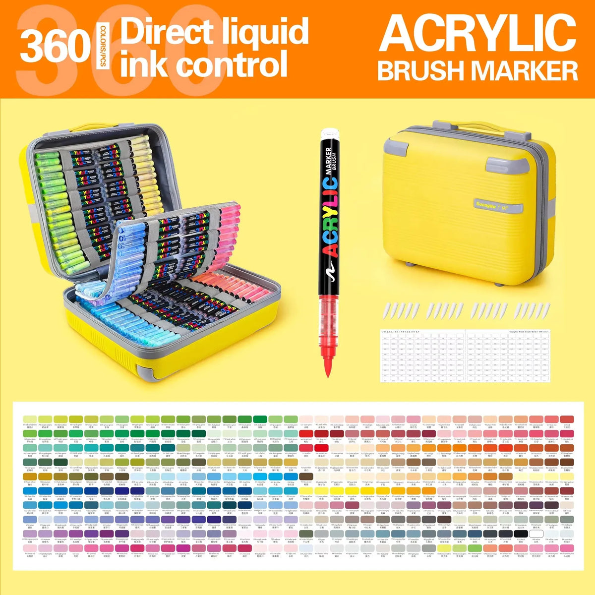 A set of 360 degree liquid ink control acrylic brush markers in a yellow case with various colors and a grid sheet.