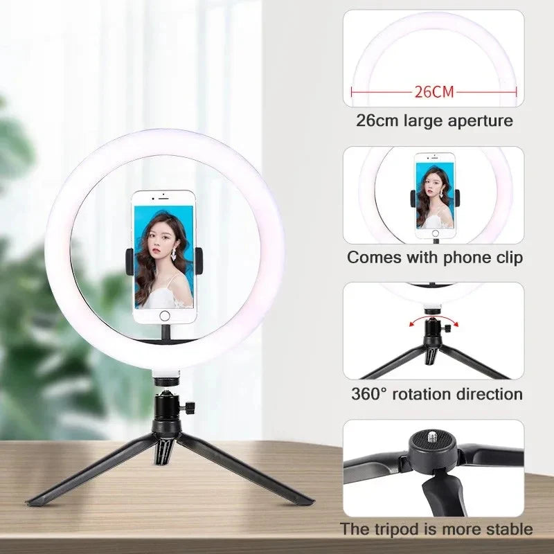 LED ring light with a large aperture and tripod stand used for streaming or photography.